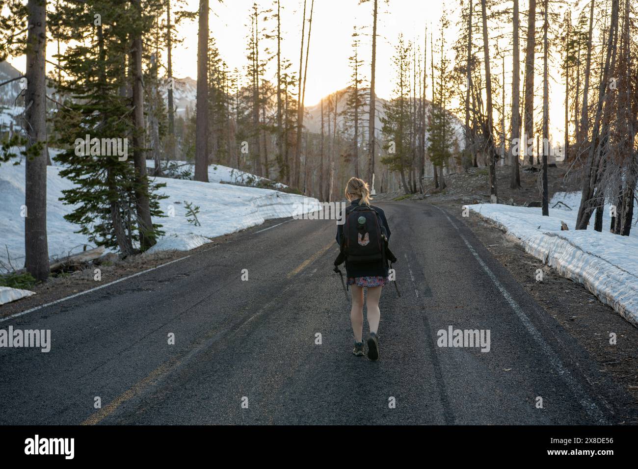 Une femme randonneuse marche sur une route dans le parc national volcanique de Lassen, en Californie du Nord, en hiver. Banque D'Images