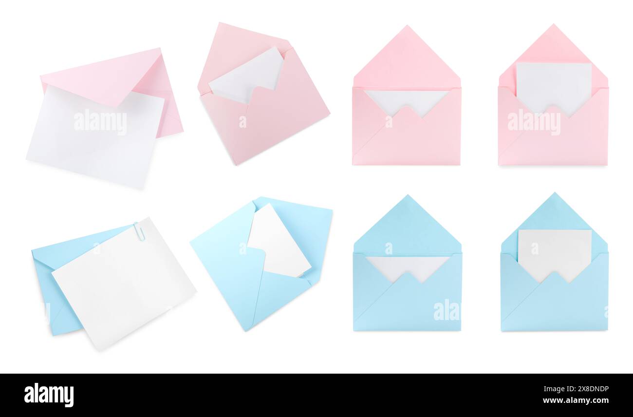 Ensemble d'enveloppes de lettre avec cartes isolé sur blanc, vue de dessus Banque D'Images