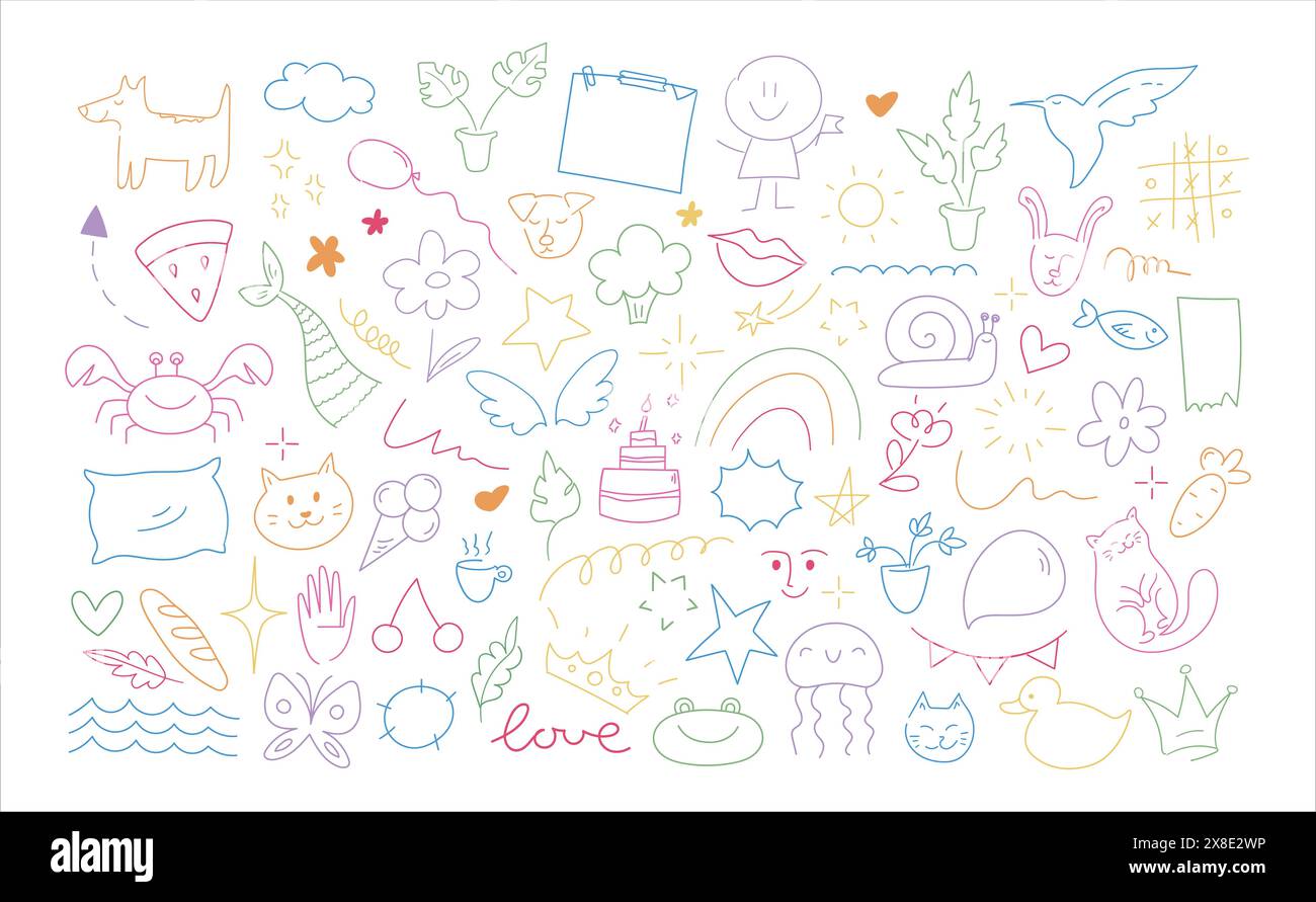 Collection Childish Doodle Outline Elements. Animaux dessinés à la main, plantes et objets dans le style gribouillage pour enfants. Illustration vectorielle Illustration de Vecteur