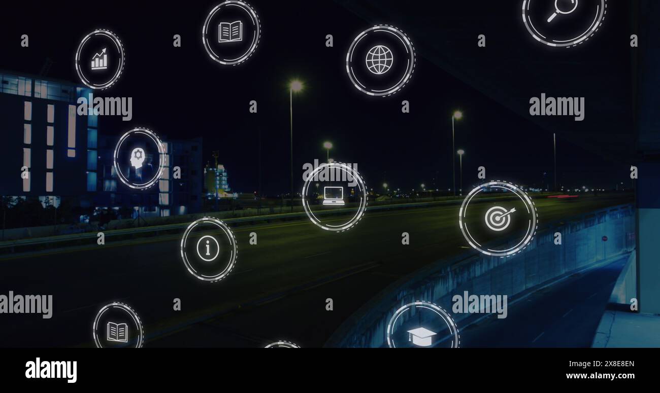 Image d'une icône tombant en cercle sur un intervalle de temps de véhicules en mouvement dans la rue Banque D'Images