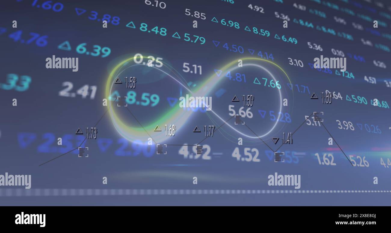 Image du symbole de l'infini et du traitement des données financières sur fond bleu Banque D'Images Image du symbole de l'infini et du traitement des données financières sur fond bleu Banque D'Images