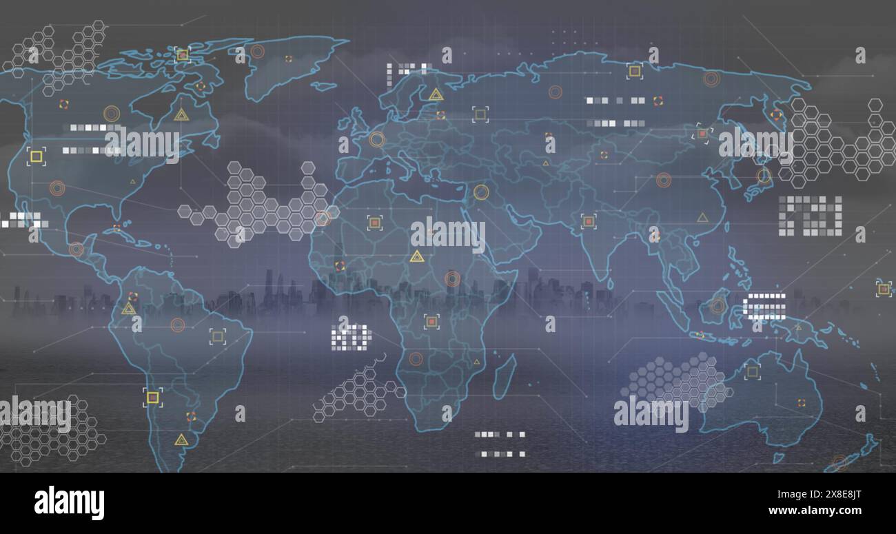 Image de la carte du monde et du traitement des données par rapport à la vue aérienne du paysage urbain Banque D'Images