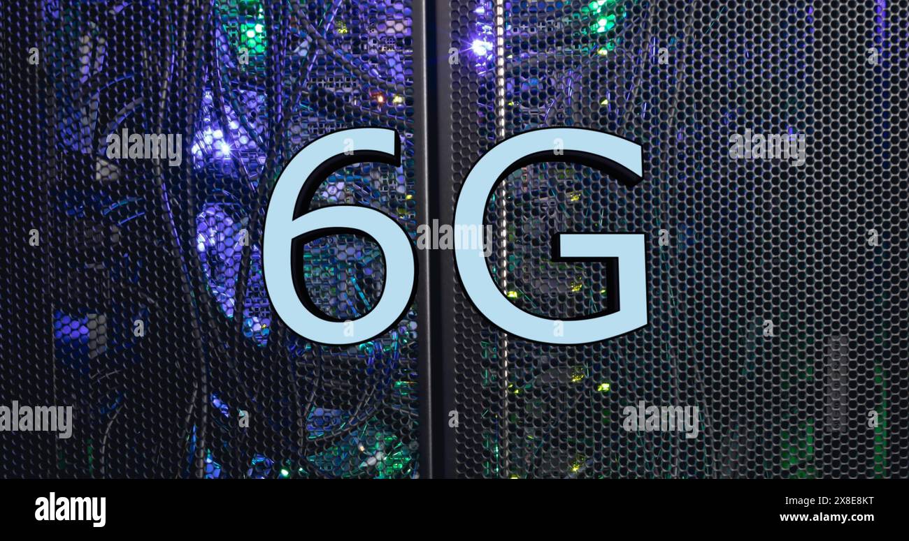 Image de la bannière de texte 6g face au gros plan d'un serveur informatique Banque D'Images
