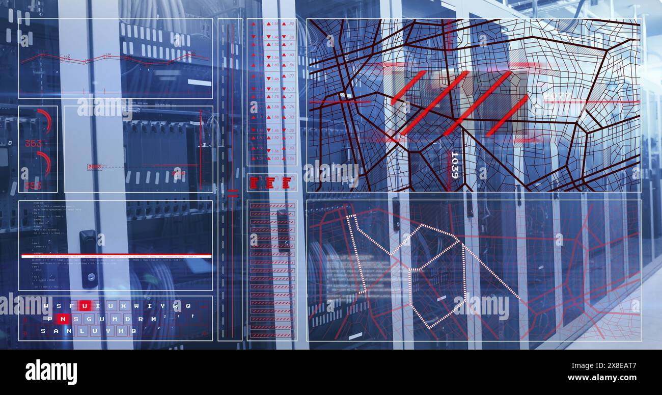 Image du graphique, des cercles de chargement, du motif de navigation et du clavier au-dessus de la salle des serveurs Banque D'Images