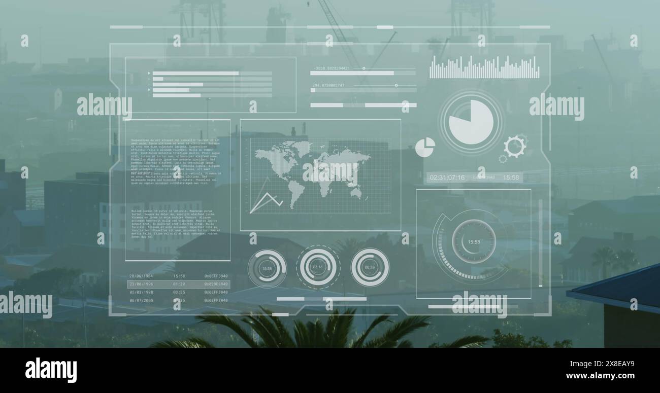 Image de plusieurs graphiques, cercles de chargement et carte sur la ville moderne contre le ciel Banque D'Images