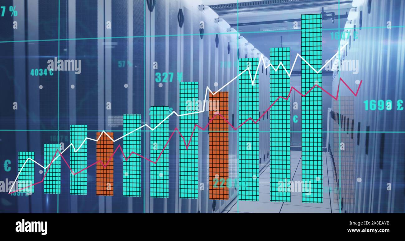 Illustration de plusieurs graphiques avec des chiffres et des signes monétaires changeants au-dessus de la salle des serveurs Banque D'Images