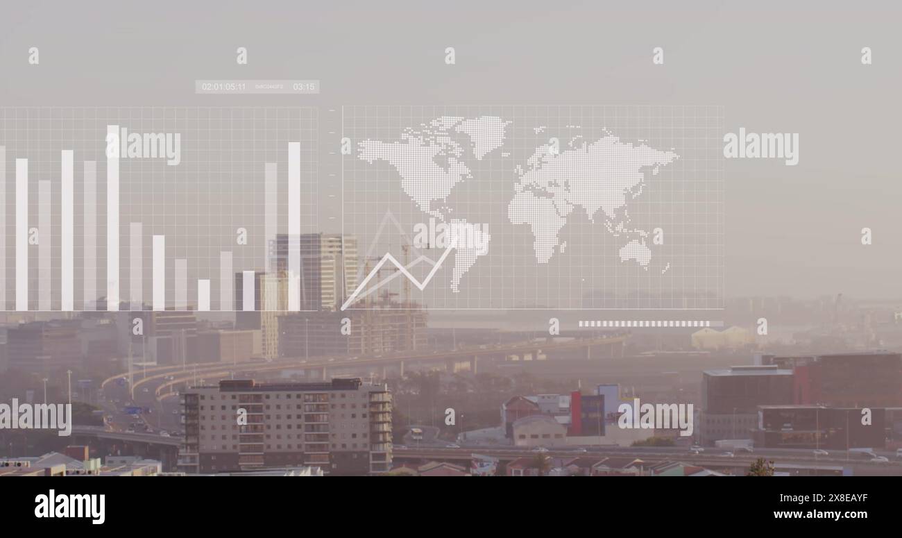Image de graphiques, carte et barres de chargement sur la ville moderne contre le ciel Banque D'Images