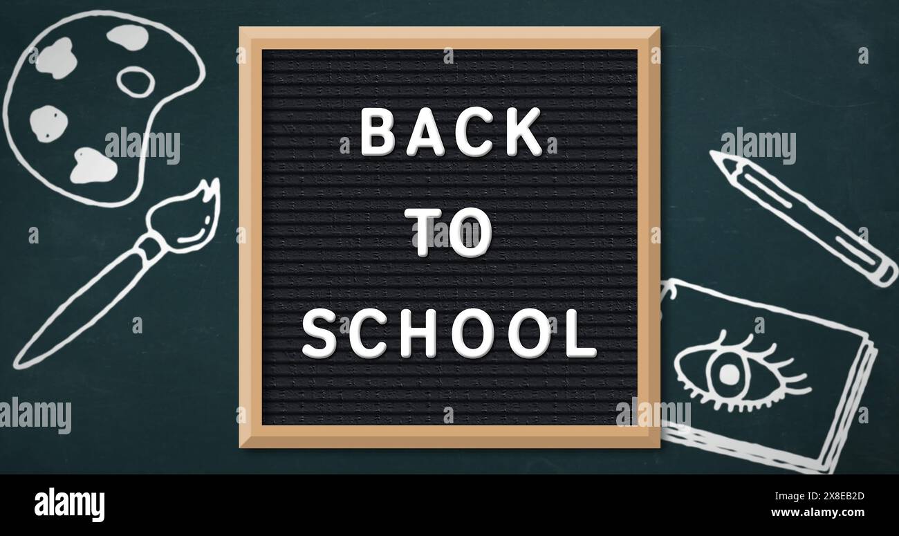 Dans l'affichage sur le thème de l'école, le tableau noir lit de RETOUR À L'ÉCOLE avec des icônes artistiques autour Banque D'Images