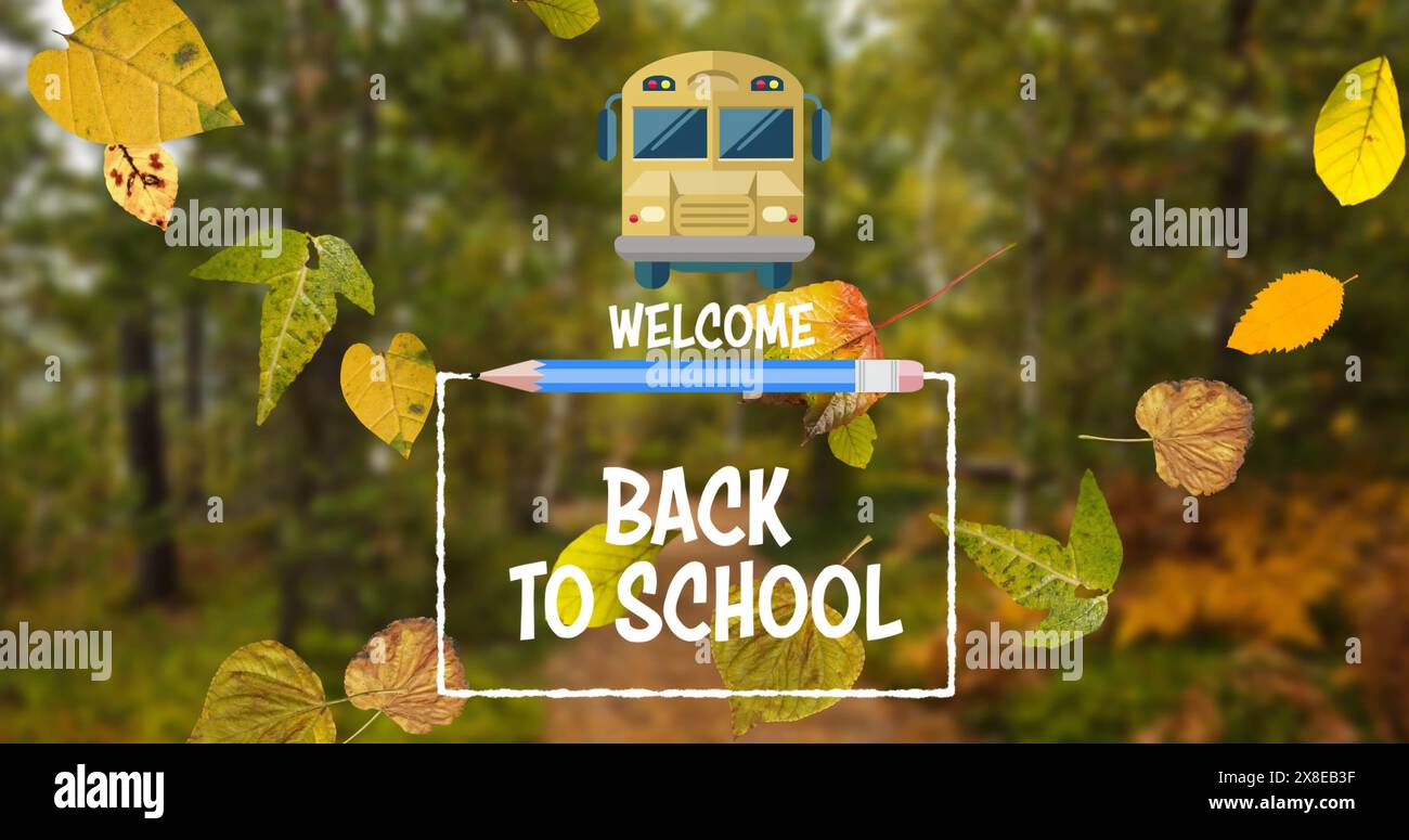 Bus scolaire dans la forêt d'automne accueillant les étudiants de retour Banque D'Images