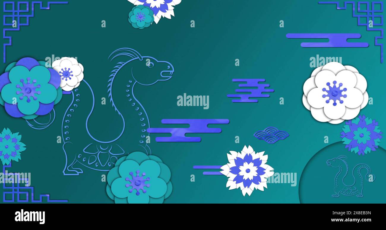 Fond vert présentant une chèvre stylisée avec des motifs floraux Banque D'Images