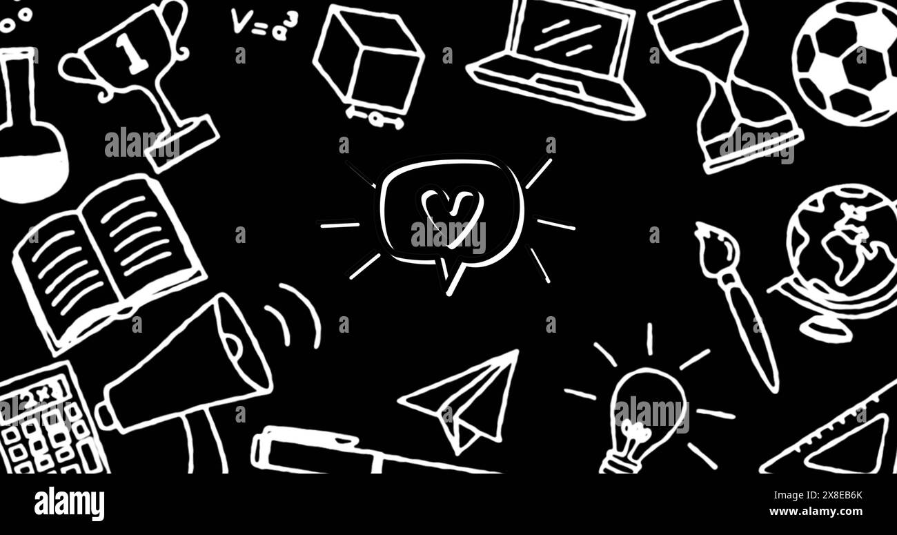Des livres et des ordinateurs portables couvrant un fond noir illustrent des thèmes scolaires Banque D'Images