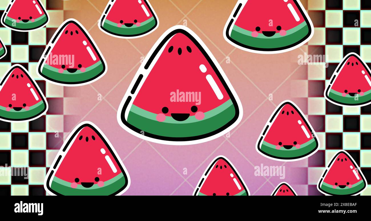 Tranches de pastèque de dessin animé, chacune avec un visage mignon, flottant sur un fond à carreaux Banque D'Images
