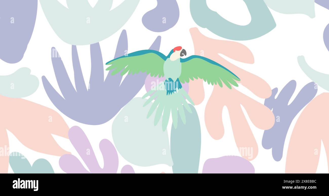Perroquet aux ailes vertes vibrantes volant au-dessus de formes pastel abstraites Banque D'Images