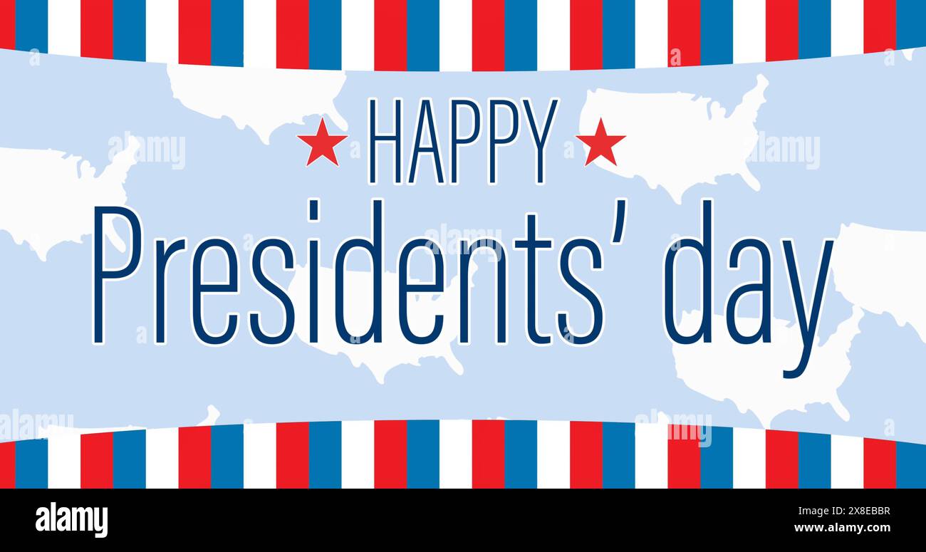 Joyeux texte de la Journée des Présidents avec carte et étoiles sur fond rayé Banque D'Images