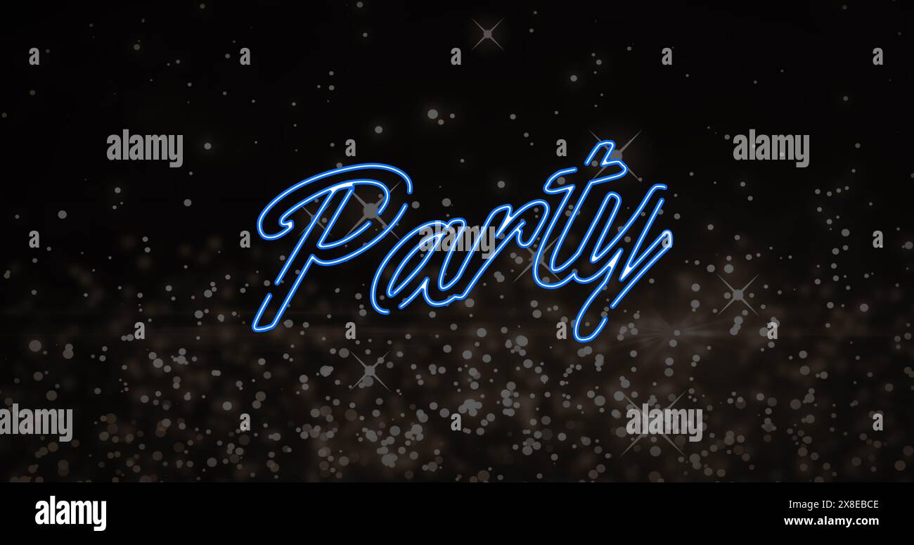 Affiche au néon lisant la fête brillante sur fond étoilé Banque D'Images