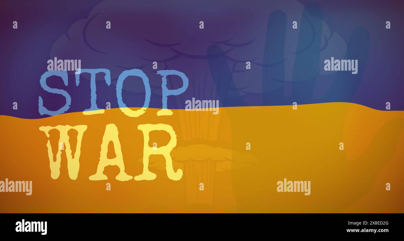Un fond violet et orange affichant STOP WAR en gras Banque D'Images
