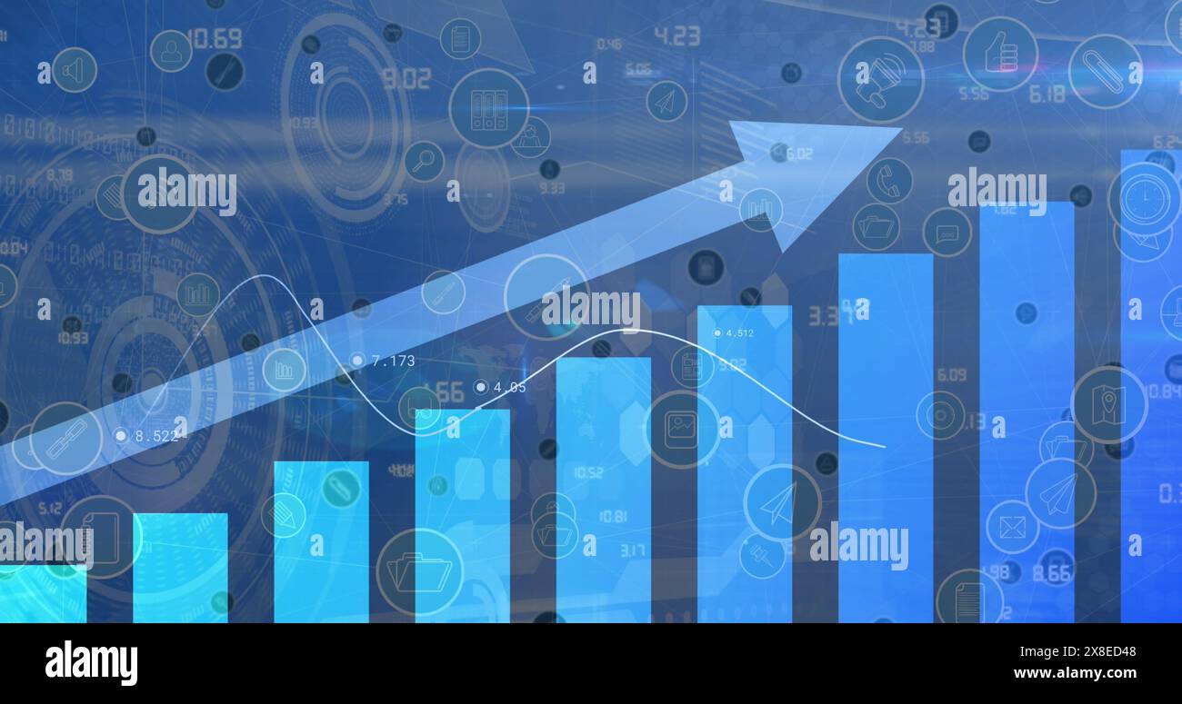 Les graphiques bleus et blancs affichant les tendances à la hausse recouvrent l'arrière-plan numérique Banque D'Images