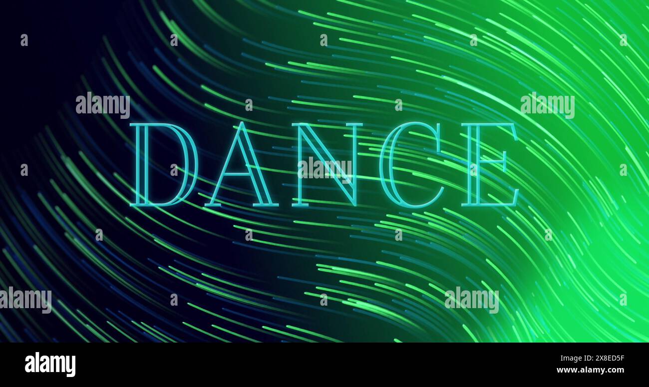 Des lignes vertes et bleues vives tourbillonnent autour de LA DANSE des mots Banque D'Images