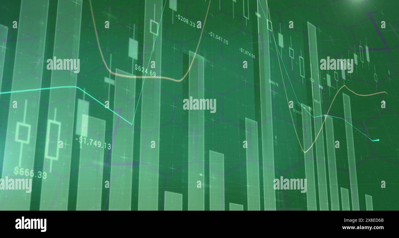 L'écran affiche des lignes vertes et blanches, des chiffres indiquant les tendances du marché boursier Banque D'Images