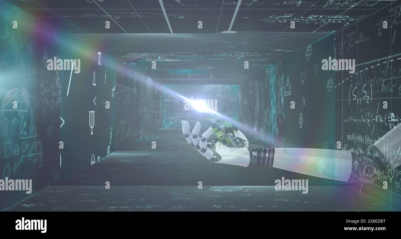 Main de robot tendue, touchant le faisceau lumineux dans une pièce pleine d'équations Banque D'Images