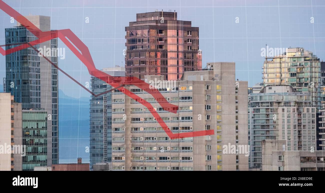 Ligne graphique rouge superposée au paysage urbain, indiquant une tendance à la baisse Banque D'Images