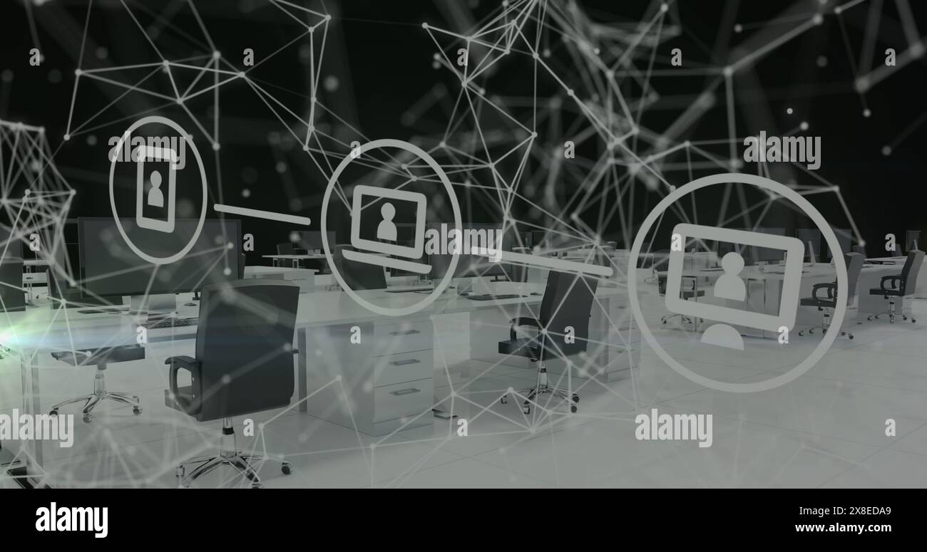 Des icônes transparentes de cybersécurité flottent autour d'un espace de bureau vide Banque D'Images