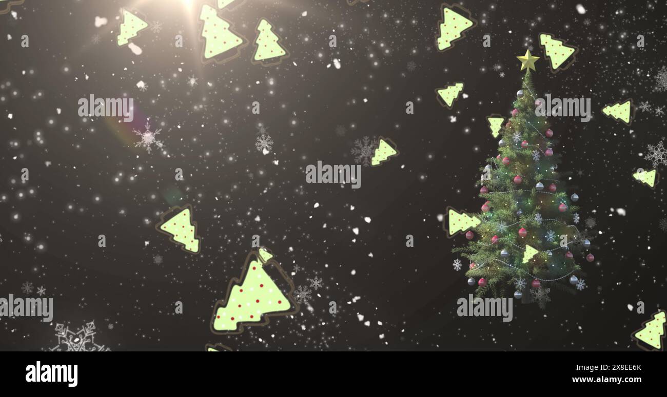 Image d'icônes d'arbre de noël tombant contre la tache lumineuse et arbre de noël décoré Banque D'Images Image d'icônes d'arbre de noël tombant contre la tache lumineuse et arbre de noël décoré Banque D'Images