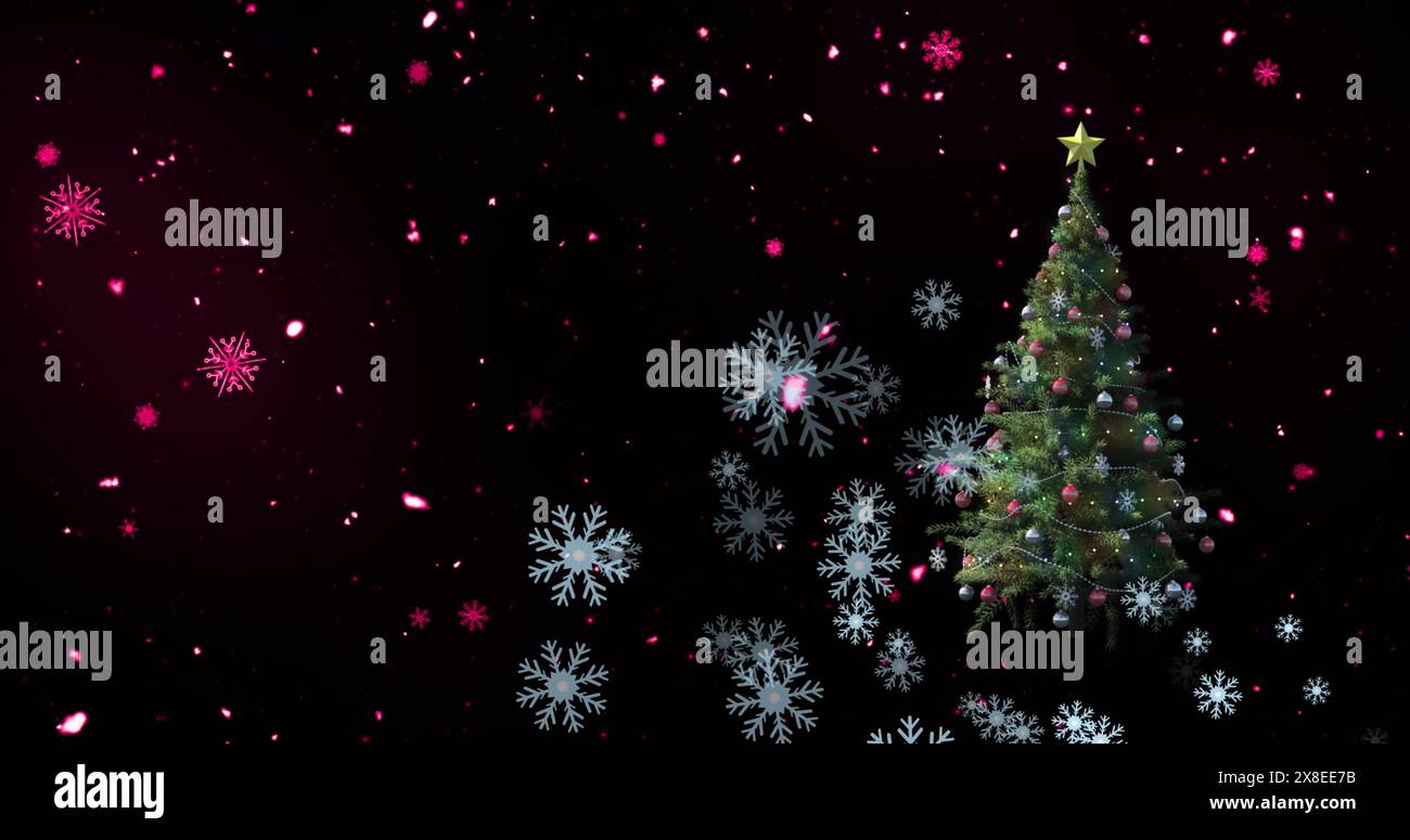 Image d'icônes de flocons de neige tombant et étoile filante rose au-dessus de l'arbre de noël décoré Banque D'Images Image d'icônes de flocons de neige tombant et étoile filante rose au-dessus de l'arbre de noël décoré Banque D'Images