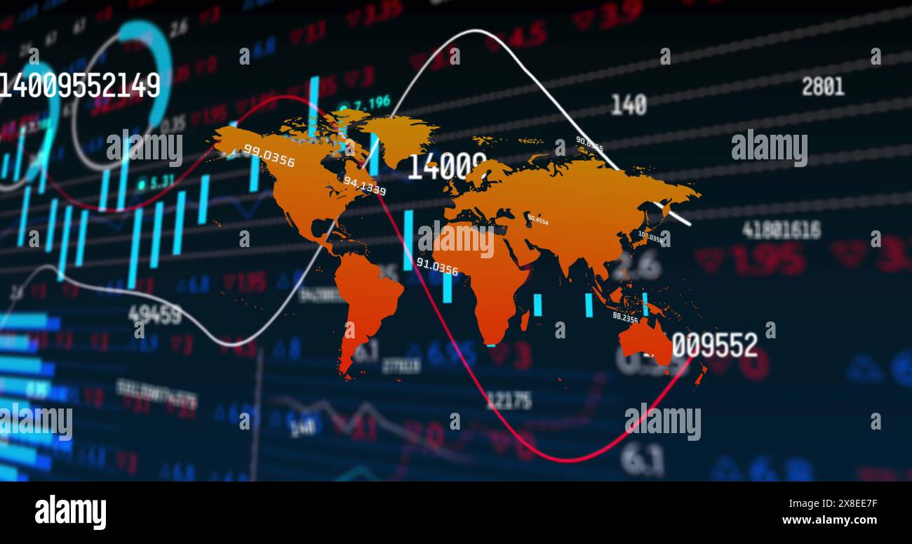 Image de graphiques, tableau de négociation et numéros croissants sur la carte sur fond noir Banque D'Images