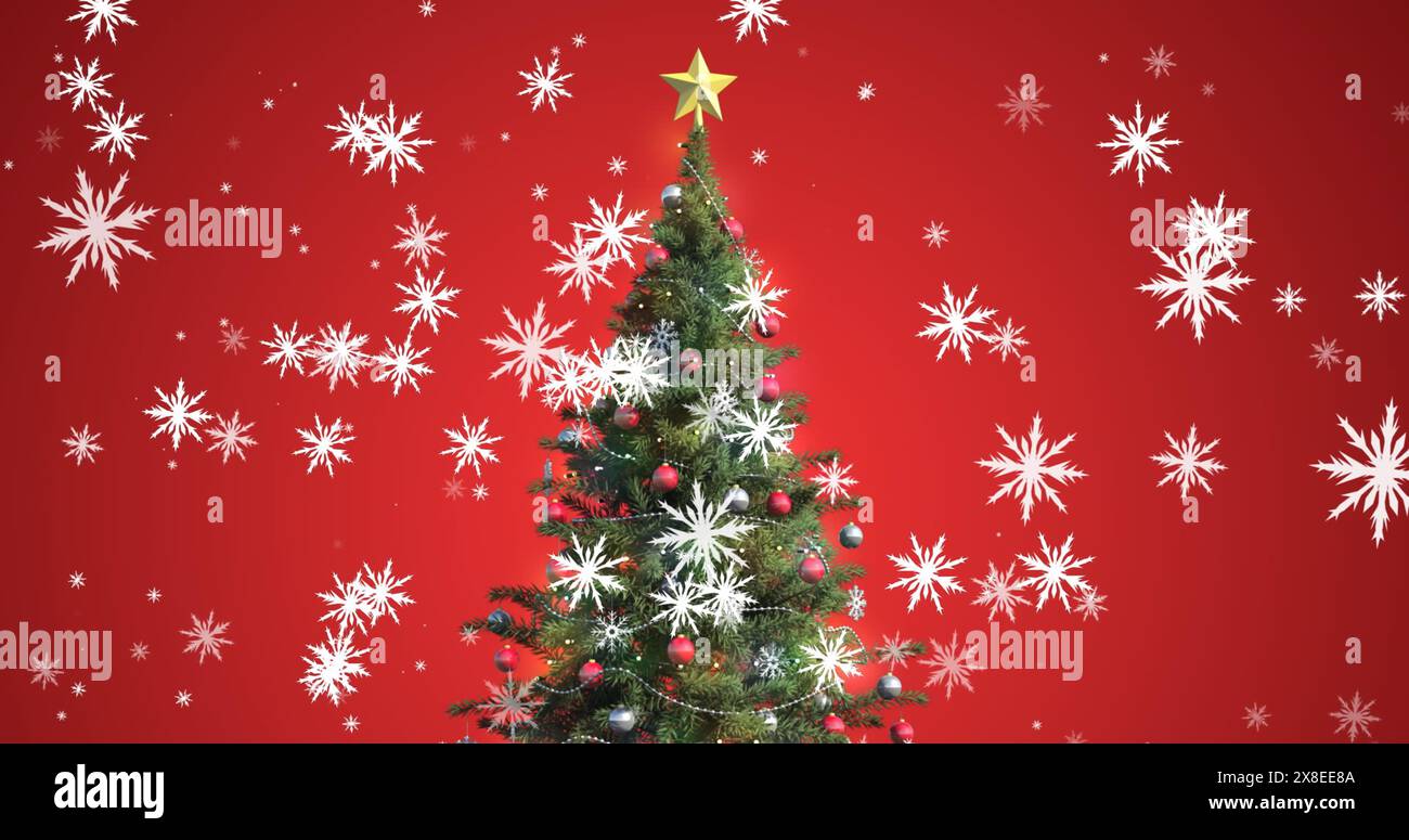 Image d'icônes de flocons de neige tombant sur l'arbre de noël décoré sur fond rouge Banque D'Images Image d'icônes de flocons de neige tombant sur l'arbre de noël décoré sur fond rouge Banque D'Images