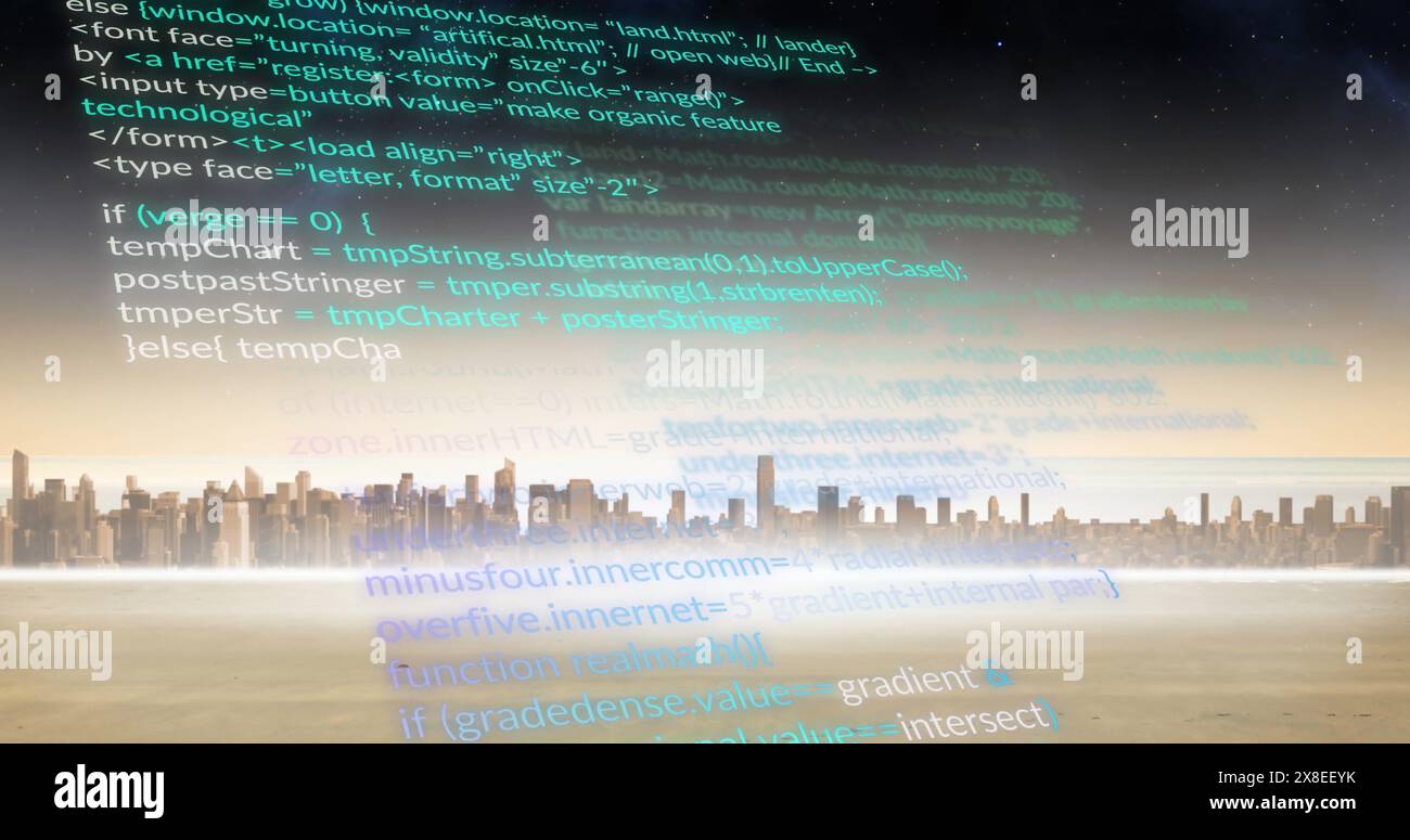 Image de langage informatique au-dessus de la rivière et gratte-ciel contre le ciel Banque D'Images