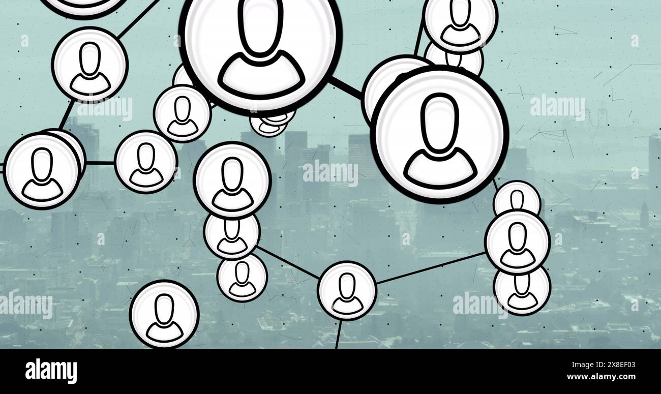 Image d'un réseau d'icônes de profil par rapport à une vue aérienne du paysage urbain Banque D'Images