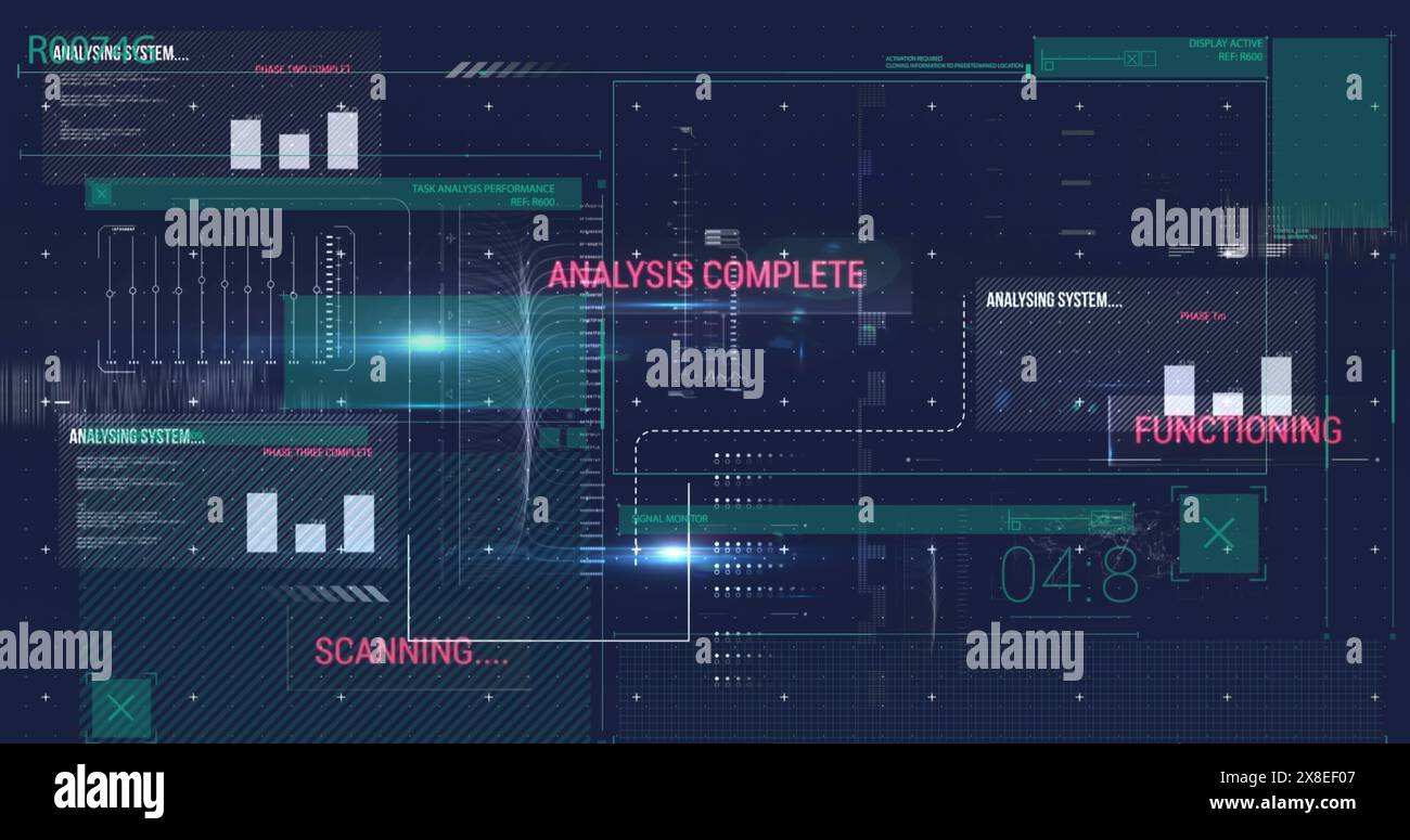 Image de l'interface avec traitement des données et spot lumineux sur fond bleu Banque D'Images