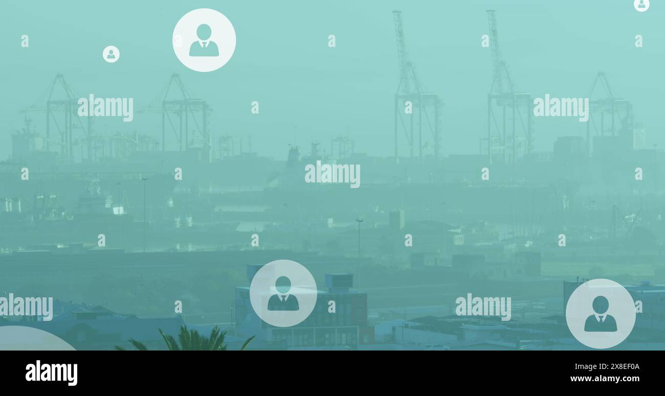 Image de plusieurs icônes de profil flottant contre une vue aérienne du paysage urbain Banque D'Images