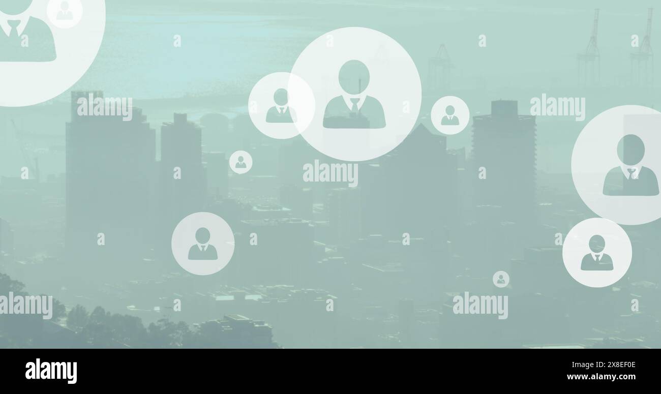Image de plusieurs icônes de profil flottant contre une vue aérienne du paysage urbain Banque D'Images