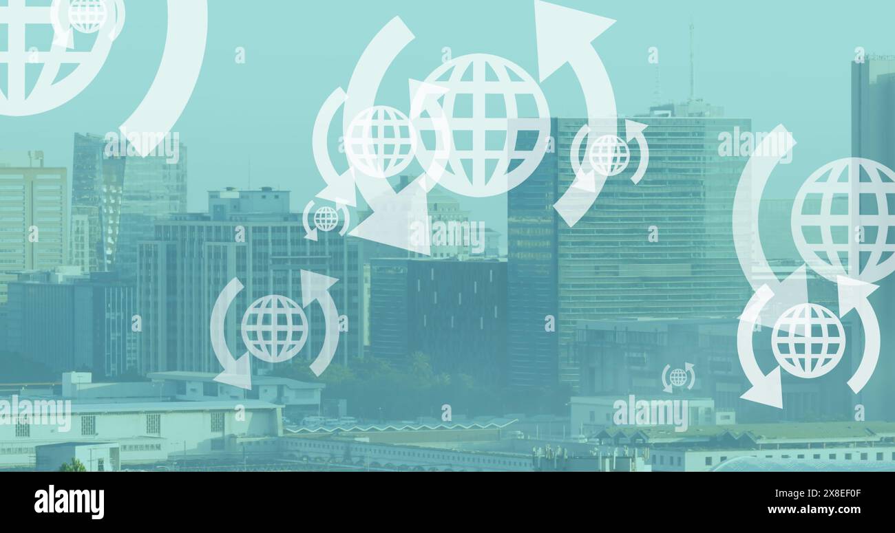 Image de plusieurs icônes de globe Web flottant contre une vue aérienne du paysage urbain Banque D'Images