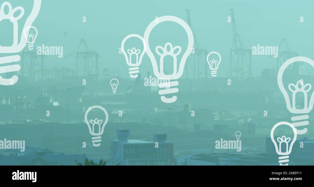 Image des icônes d'ampoule au-dessus du chantier Banque D'Images