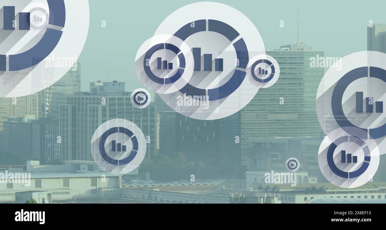 Image de plusieurs icônes de graphique à barres flottant contre une vue aérienne du paysage urbain Banque D'Images