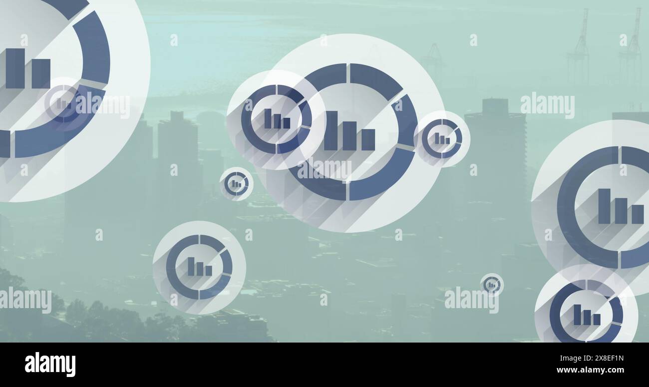 Image de plusieurs icônes de graphique à barres flottant contre une vue aérienne du paysage urbain Banque D'Images