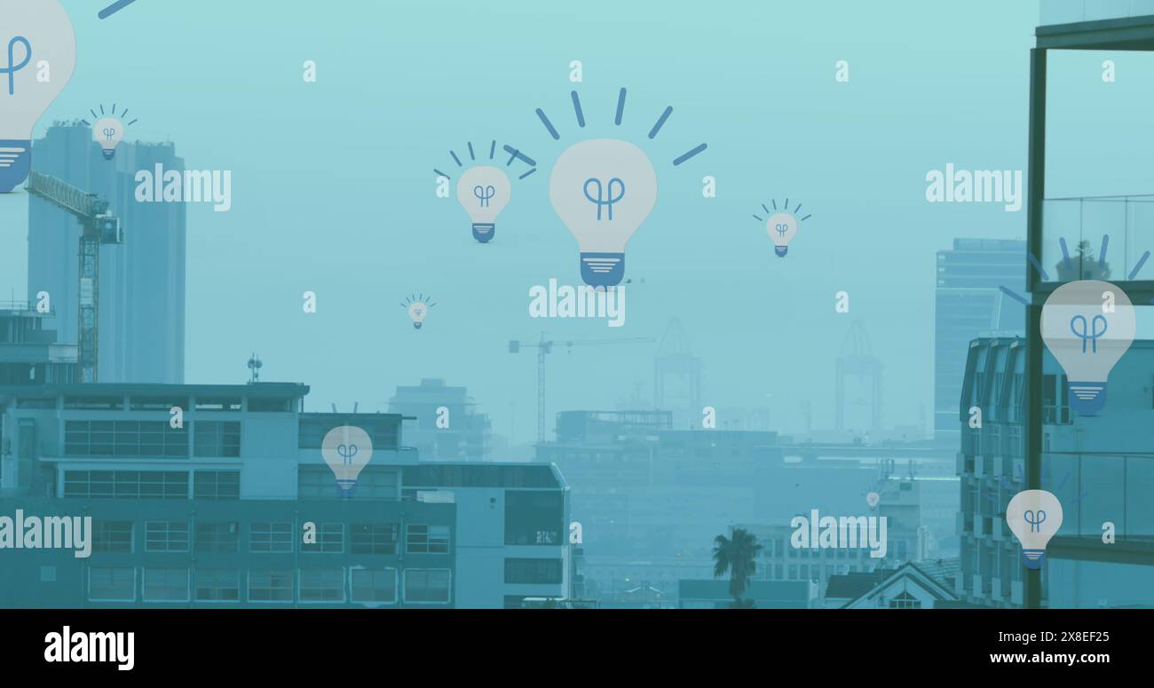 Illustration de plusieurs icônes d'ampoules électriques qui flottent contre une vue aérienne du paysage urbain Banque D'Images