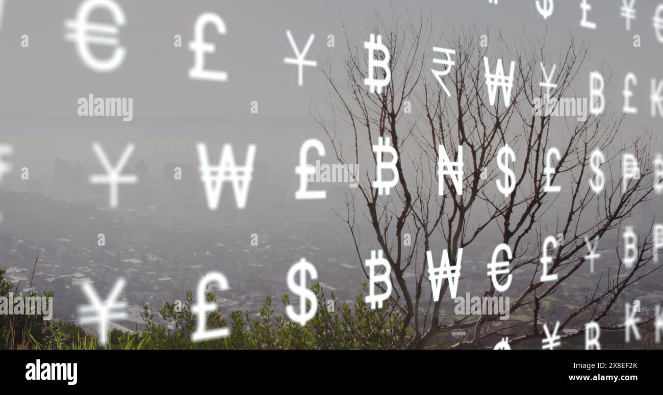 Image d'icônes financières et de symboles monétaires en cours de traitement sur le paysage urbain Banque D'Images