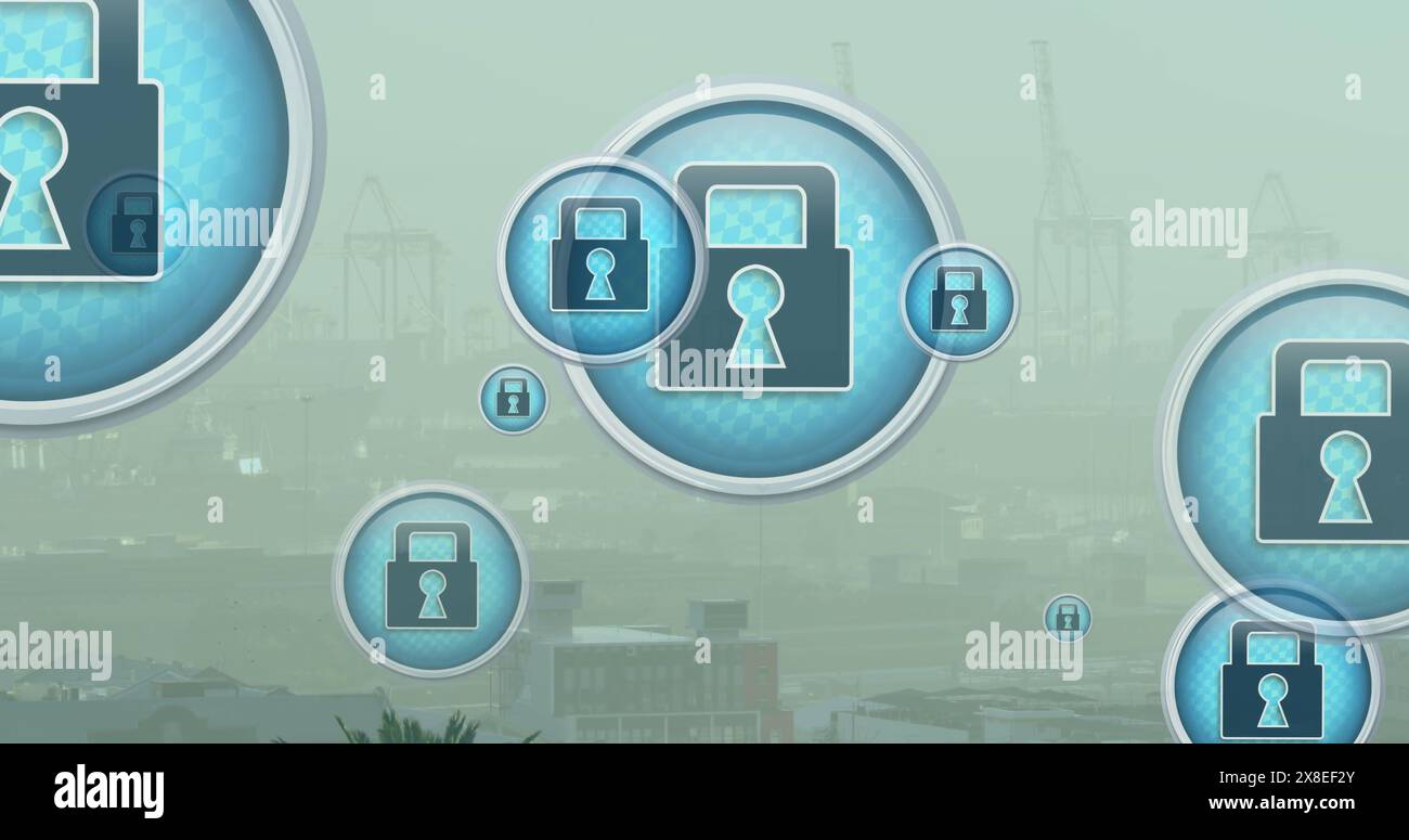 Image de plusieurs icônes de cadenas de sécurité flottant contre une vue aérienne du paysage urbain Banque D'Images