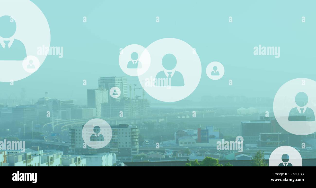 Image de plusieurs icônes de profil flottant contre une vue aérienne du paysage urbain Banque D'Images