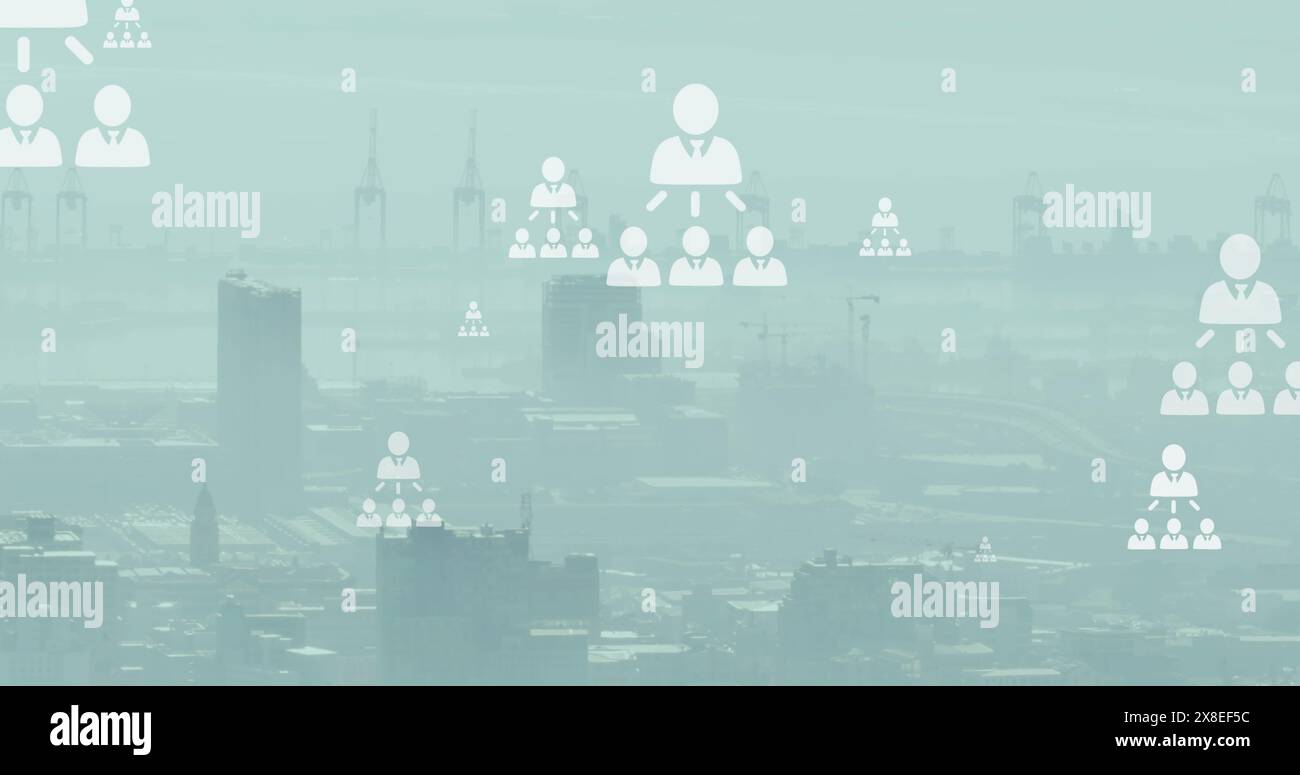 Image d'un réseau d'icônes de profil flottant contre une vue aérienne du paysage urbain Banque D'Images