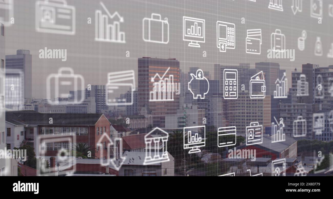 Image des icônes financières et du traitement des données sur le paysage urbain Banque D'Images