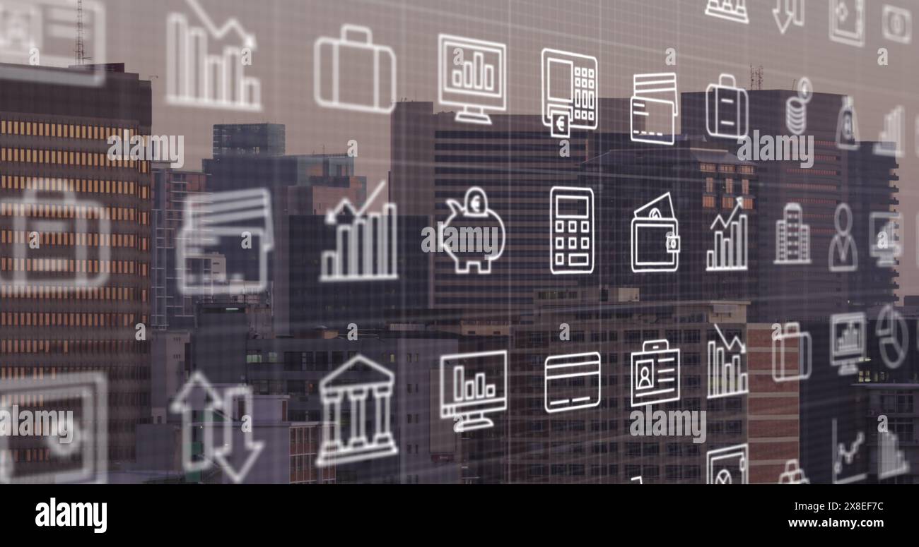 Image des icônes financières et du traitement des données sur le paysage urbain Banque D'Images