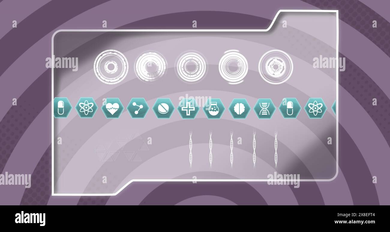 Illustration de plusieurs icônes médicales sur une icône de dossier sur un fond radial violet Banque D'Images
