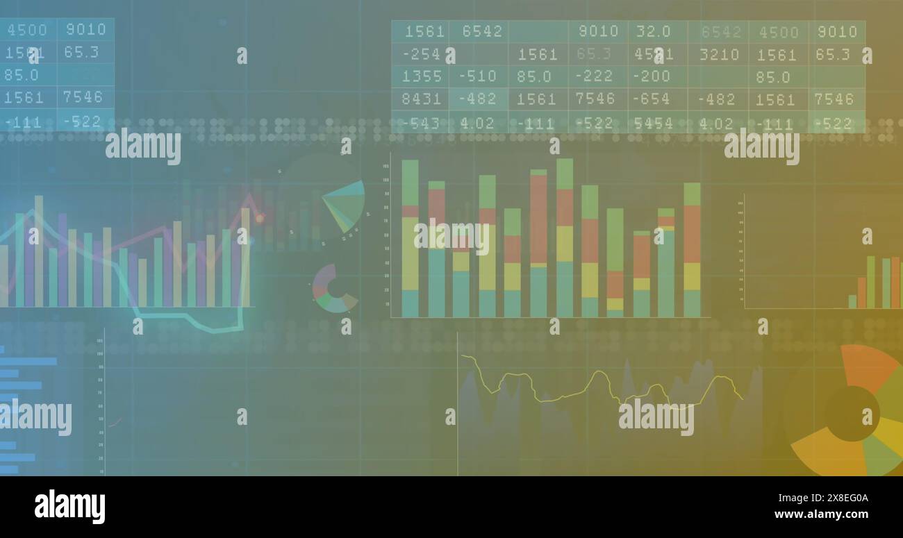 Image de plusieurs graphiques et nombres dans des tableaux sur un motif abstrait éclairé Banque D'Images