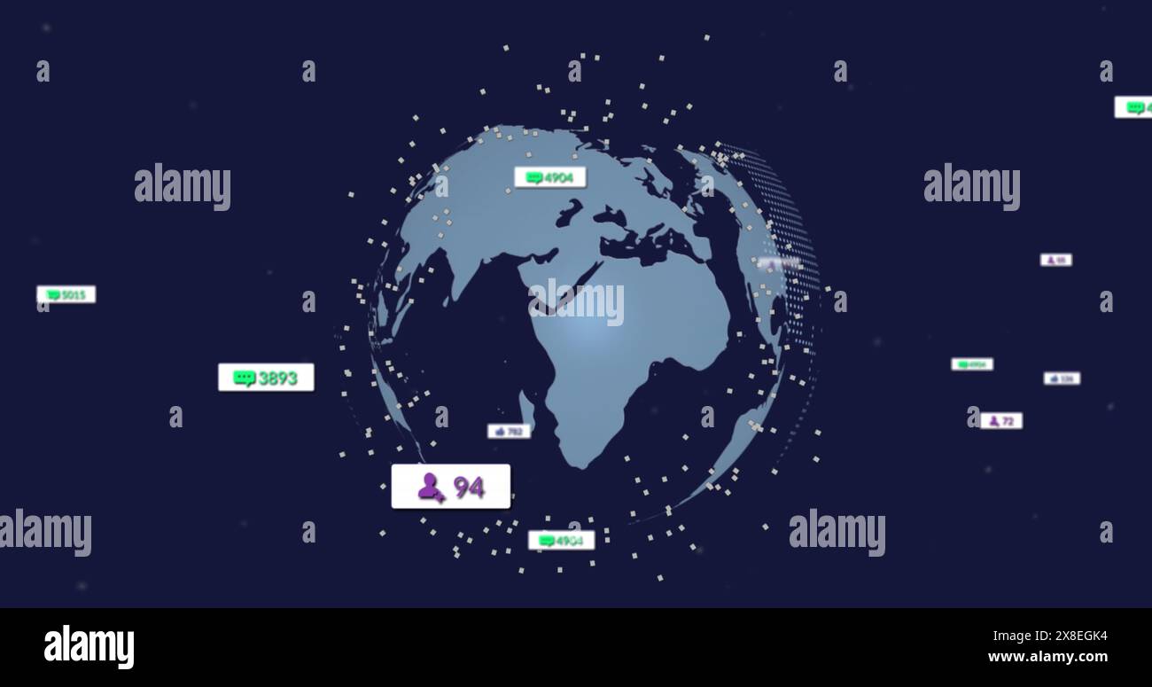 Image d'icônes de médias sociaux sur globe tournant sur fond bleu Banque D'Images