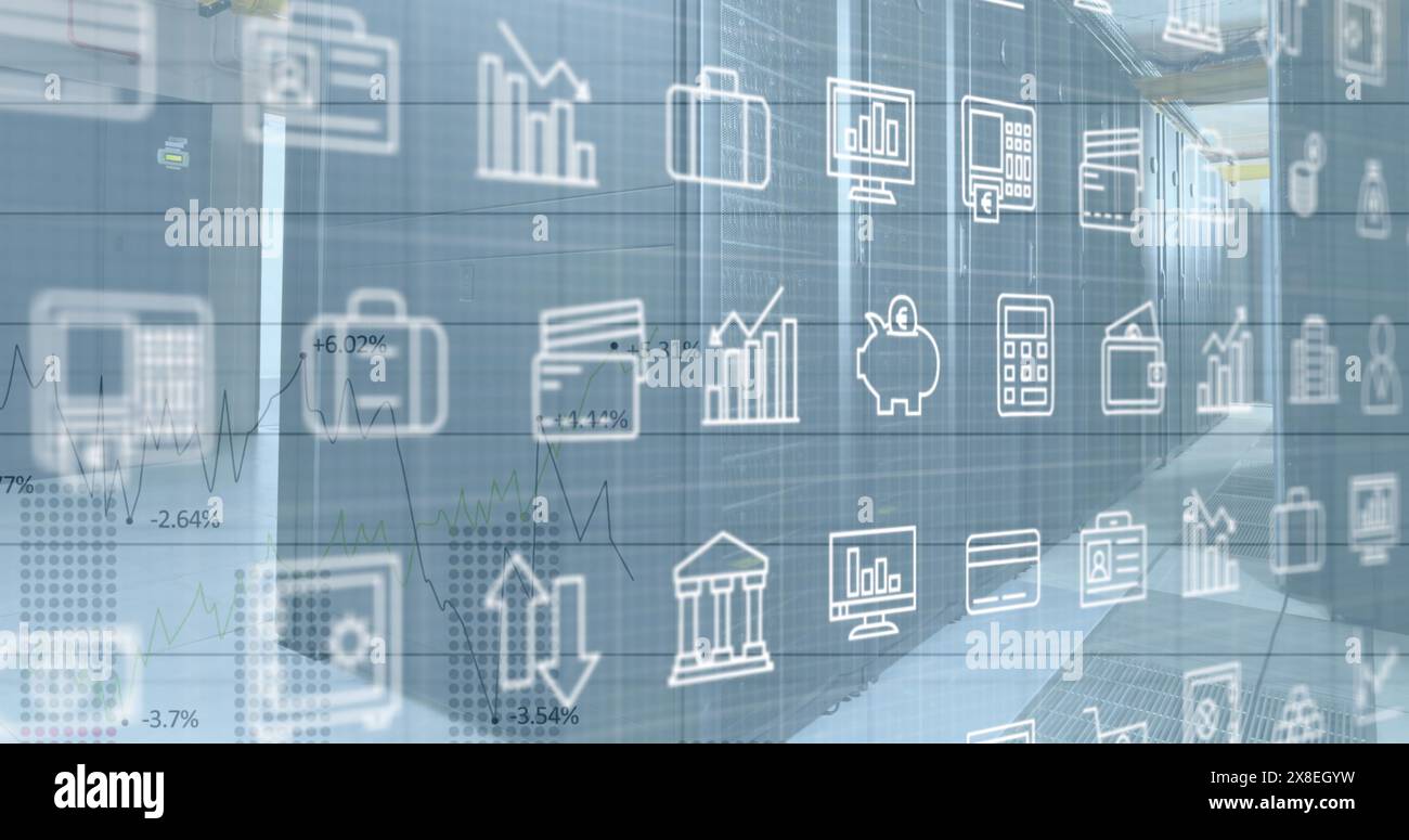 Illustration de plusieurs icônes, graphiques avec des numéros changeants sur des racks de serveur de données Banque D'Images